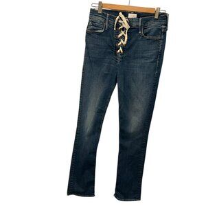 MOTHER Straight Leg Lace-Up Dark Indigo Jeans with Cream Laces